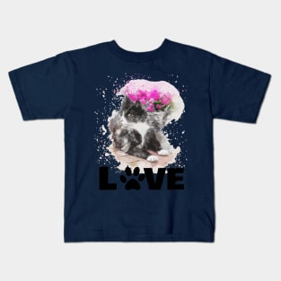 Watercolour Cat with Flowers Kids T-Shirt